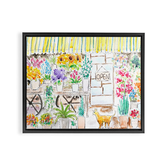 cheerful flower shop and a cat watercolor  Framed Canvas Print Gallery Image 1
