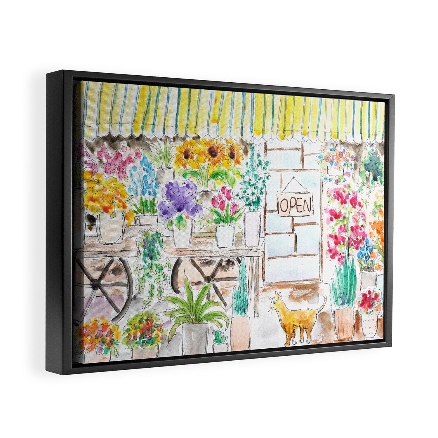 cheerful flower shop and a cat watercolor  Framed Canvas Print Gallery Image 2