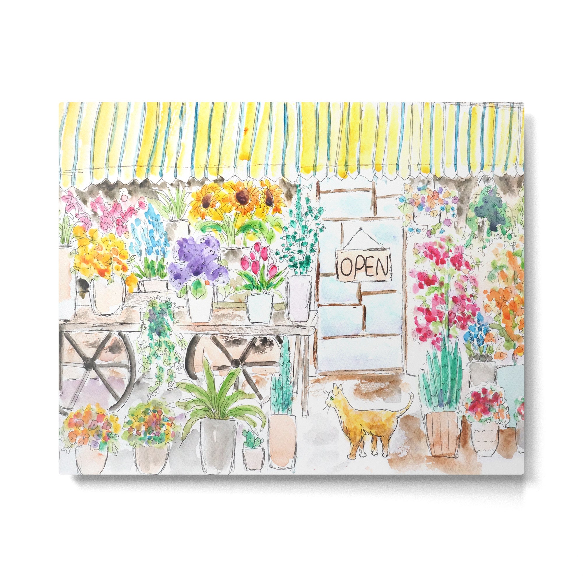 cheerful flower shop and a cat watercolor  Metal Print Gallery Image 6