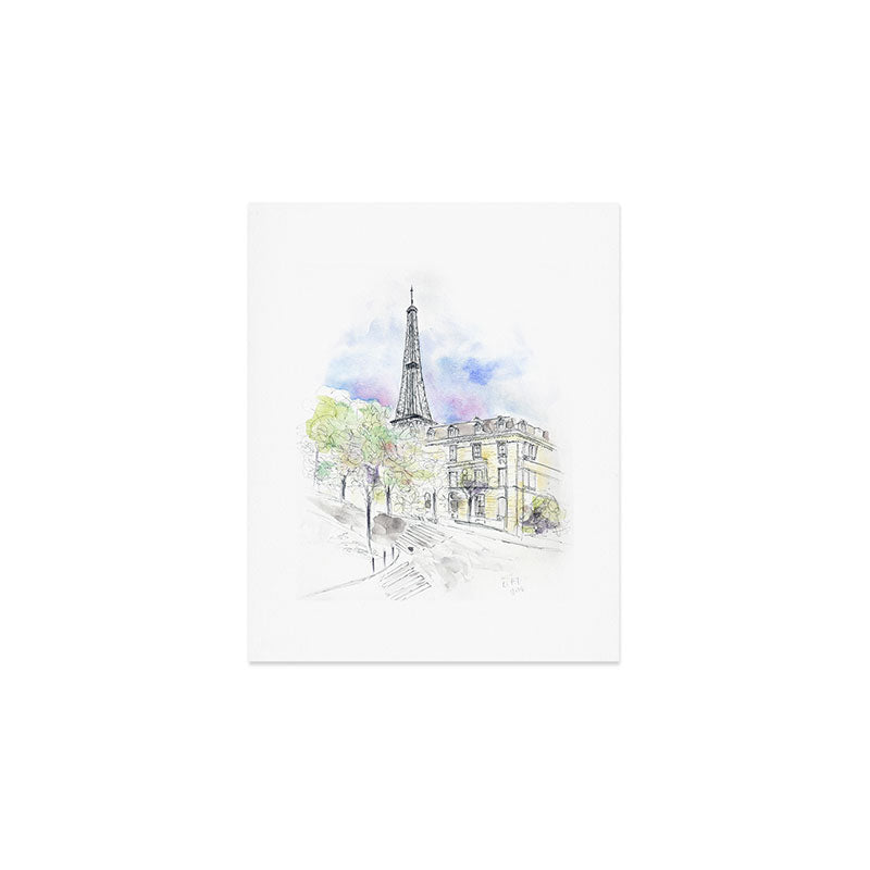 Hand painted Paris Eiffel Tower street corner ink and watercolor Art Print Gallery Image 1