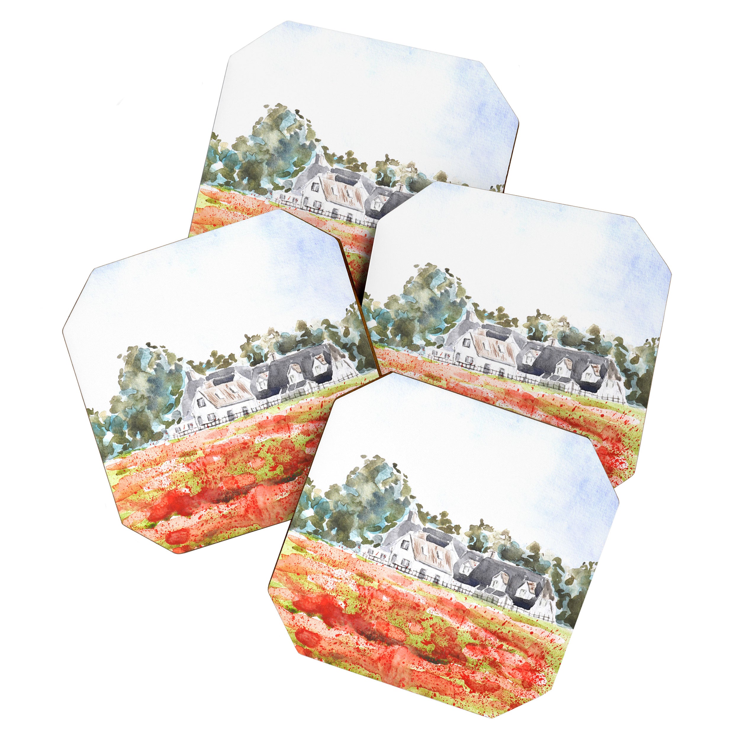 orange poppy field watercolour  Coaster Gallery Image 1