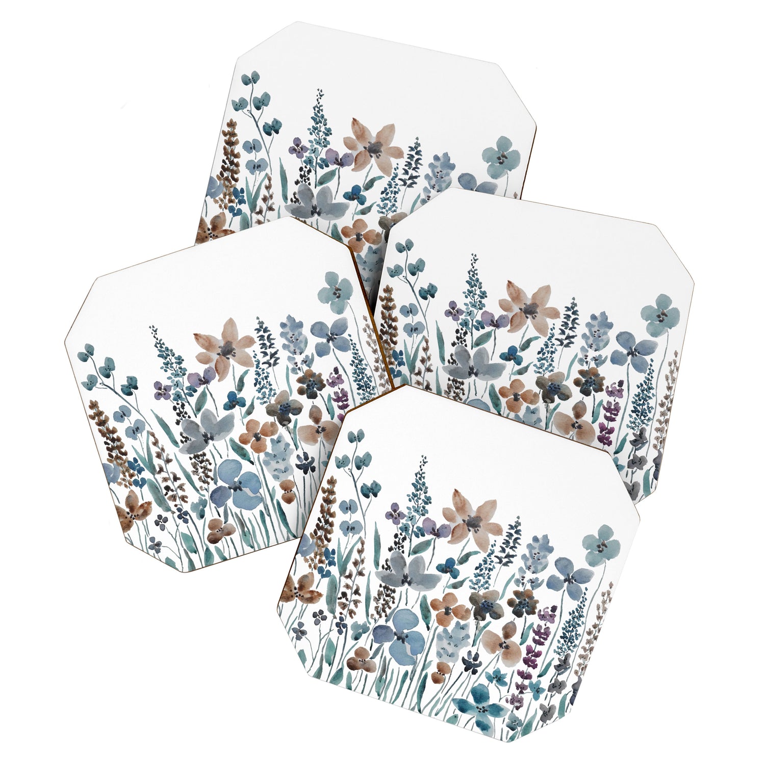 watercolor blue brown wildflower field  Coaster Gallery Image 1