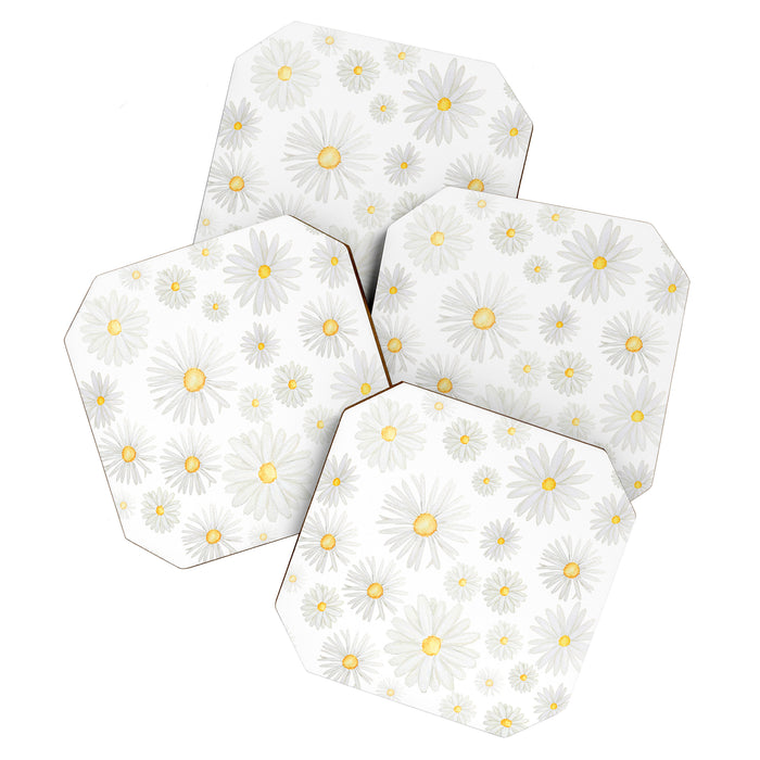 white daisy pattern watercolor Coaster Gallery Image 1