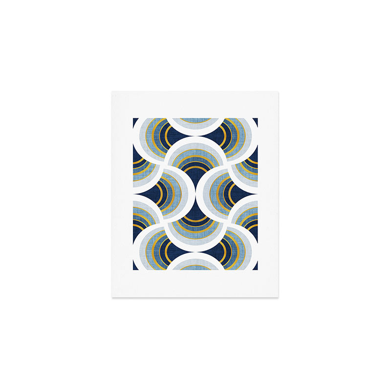 Art deco scallop elegance // blue geometric shapes golden textured lines Art Print Gallery Image 1