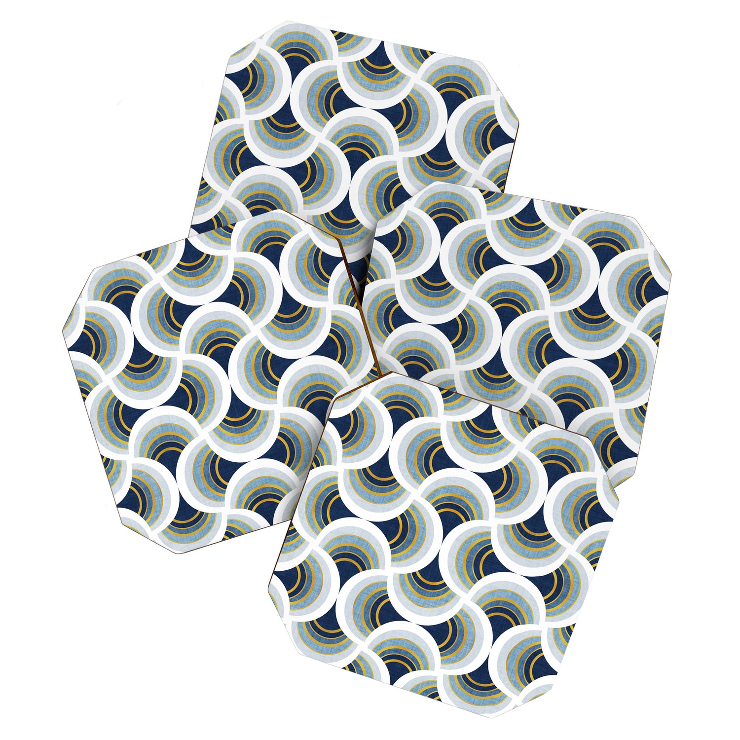 Art deco scallop elegance // blue geometric shapes golden textured lines Coaster Gallery Image 1