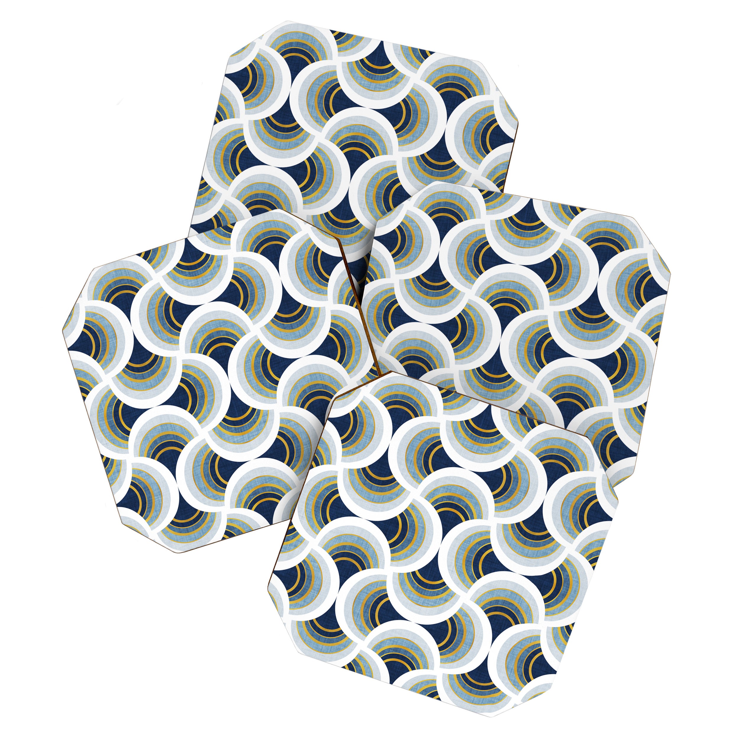 Art deco scallop elegance // blue geometric shapes golden textured lines Coaster Gallery Image 1