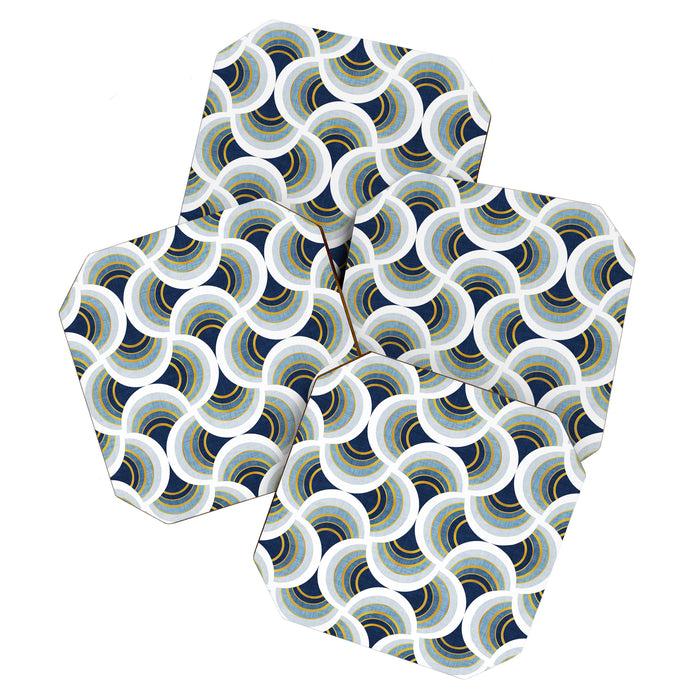 Art deco scallop elegance // blue geometric shapes golden textured lines Coaster Gallery Image 1