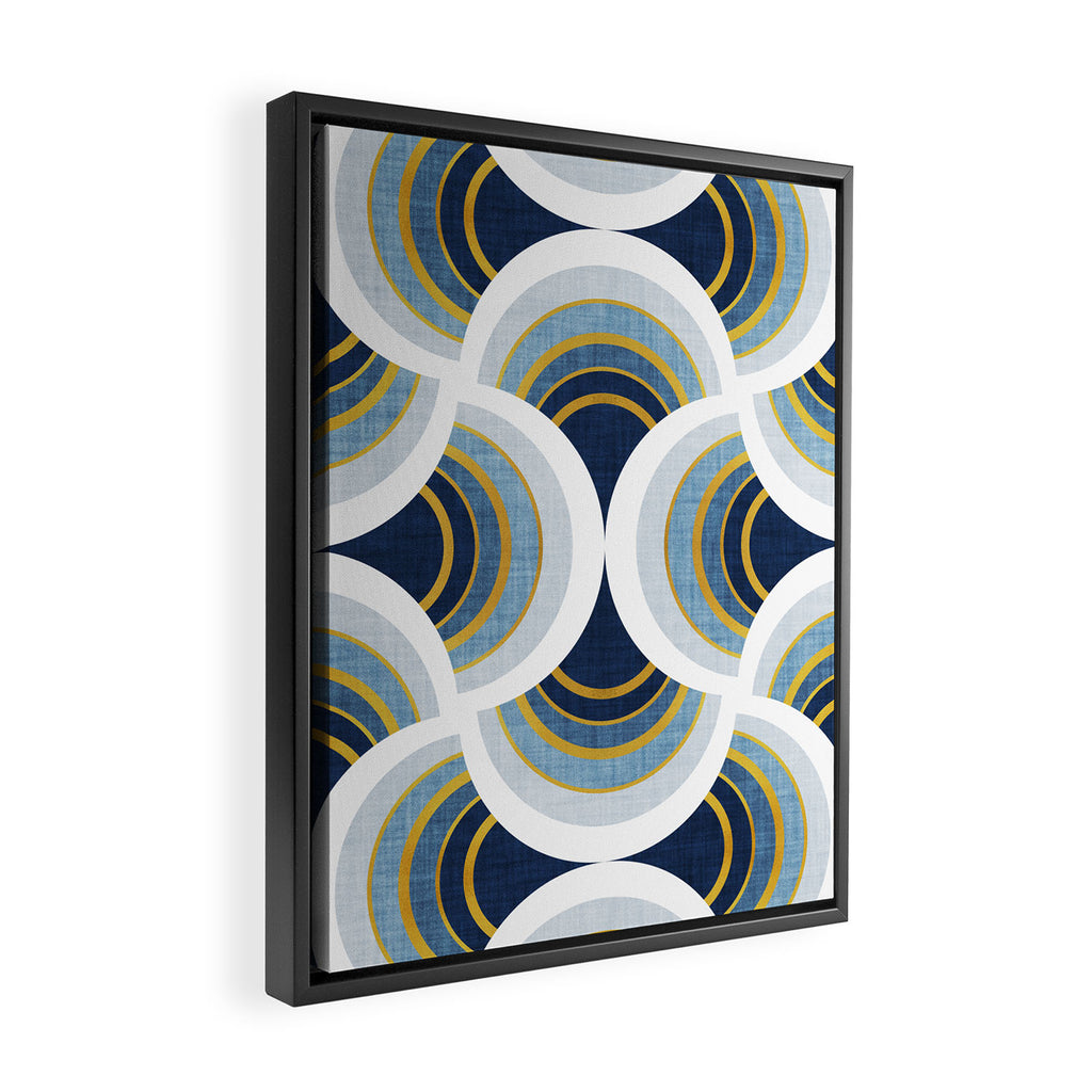 Art deco scallop elegance // blue geometric shapes golden textured lines Framed Canvas Print Gallery Image 2