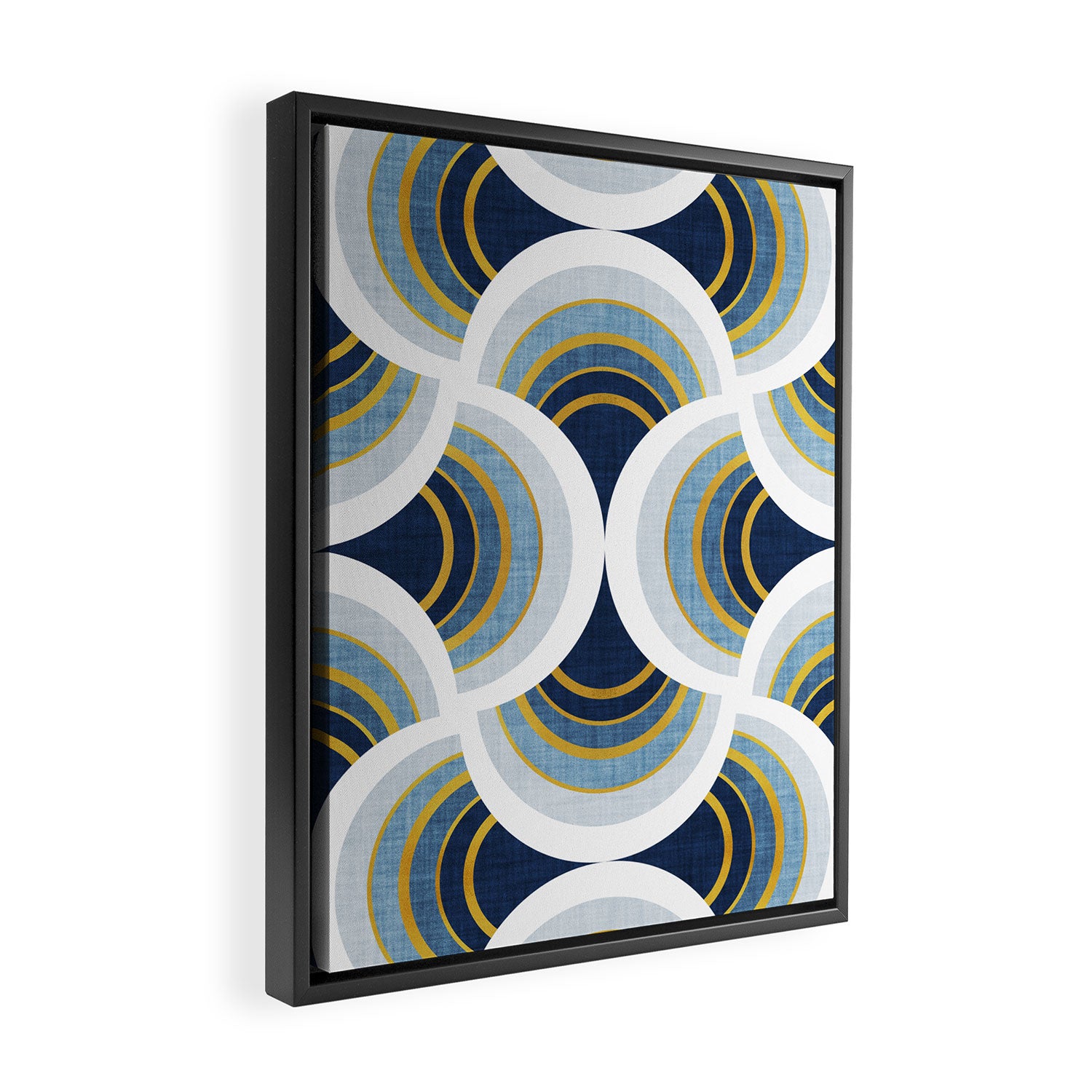 Art deco scallop elegance // blue geometric shapes golden textured lines Framed Canvas Print Gallery Image 2