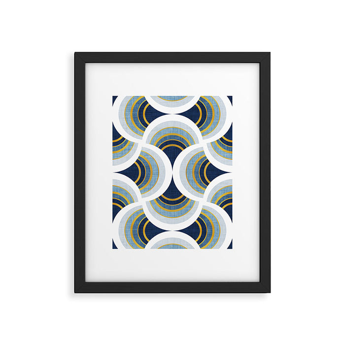 Art deco scallop elegance // blue geometric shapes golden textured lines Framed Art Print Gallery Image 1