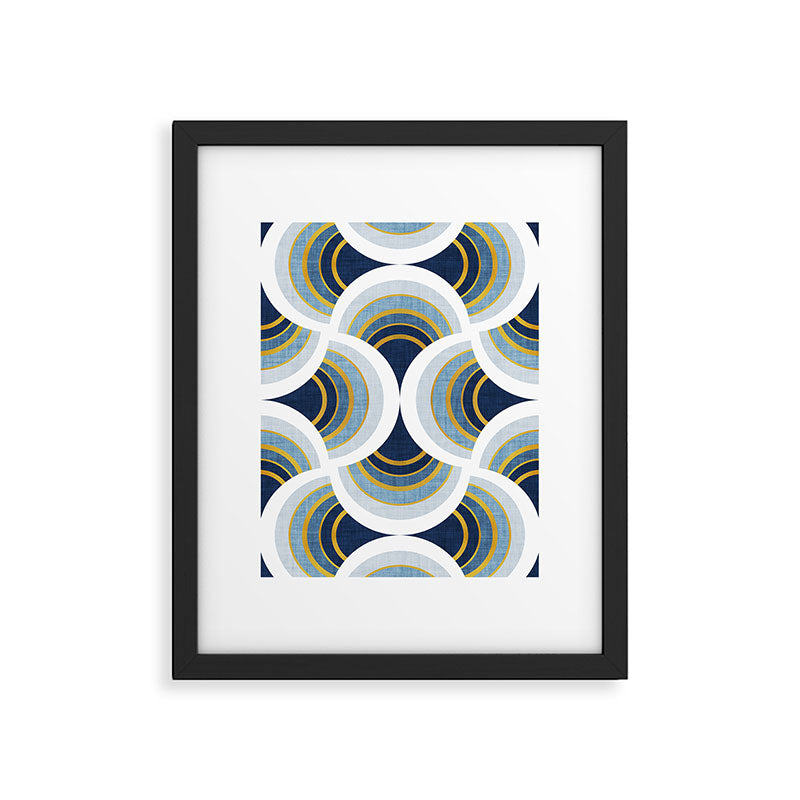 Art deco scallop elegance // blue geometric shapes golden textured lines Framed Art Print Gallery Image 5
