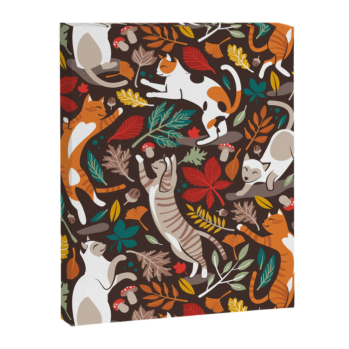 Autumn joy // brown oak background cats dancing with many leaves in fall colors Canvas Print Gallery Image 1