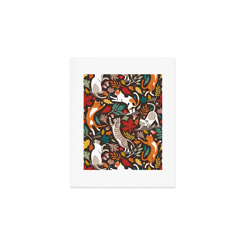 Autumn joy // brown oak background cats dancing with many leaves in fall colors Art Print Gallery Image 1