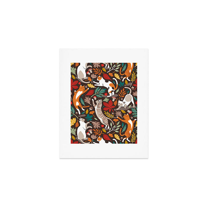 Autumn joy // brown oak background cats dancing with many leaves in fall colors Art Print Gallery Image 1