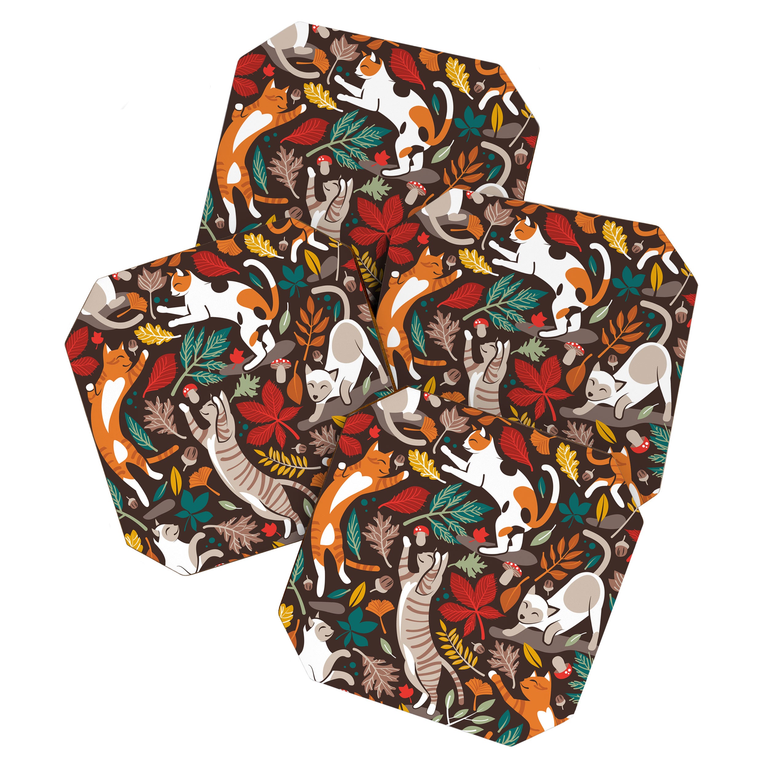 Autumn joy // brown oak background cats dancing with many leaves in fall colors Coaster Gallery Image 1