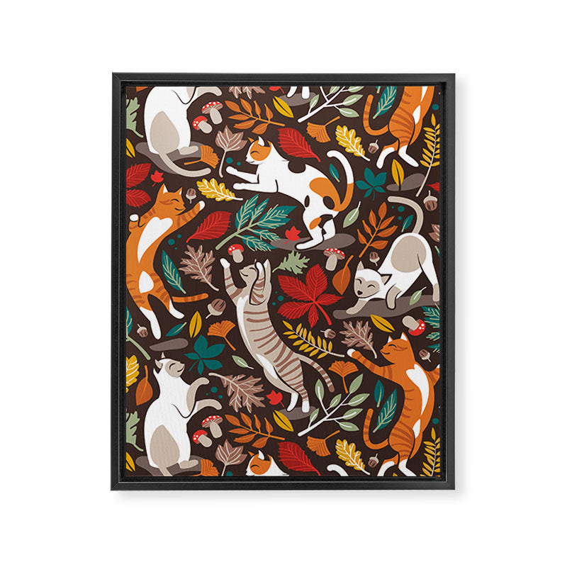 Autumn joy // brown oak background cats dancing with many leaves in fall colors Framed Canvas Print Gallery Image 6
