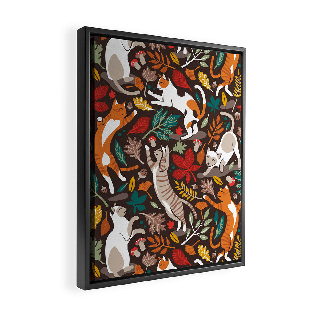 Autumn joy // brown oak background cats dancing with many leaves in fall colors Framed Canvas Print Gallery Image 2