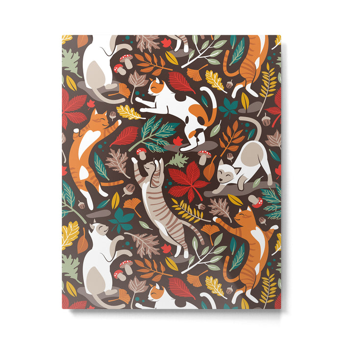 Autumn joy // brown oak background cats dancing with many leaves in fall colors Metal Print Gallery Image 1