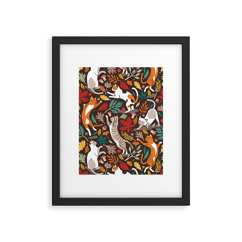 Autumn joy // brown oak background cats dancing with many leaves in fall colors Framed Art Print Gallery Image 5