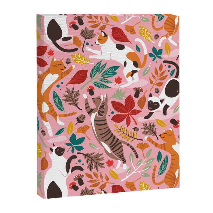 Autumn joy // light pink background cats dancing with many leaves in fall colors Canvas Print Gallery Image 1