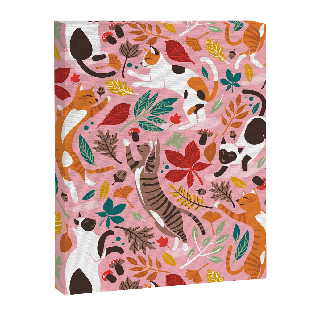 Autumn joy // light pink background cats dancing with many leaves in fall colors Canvas Print Gallery Image 6