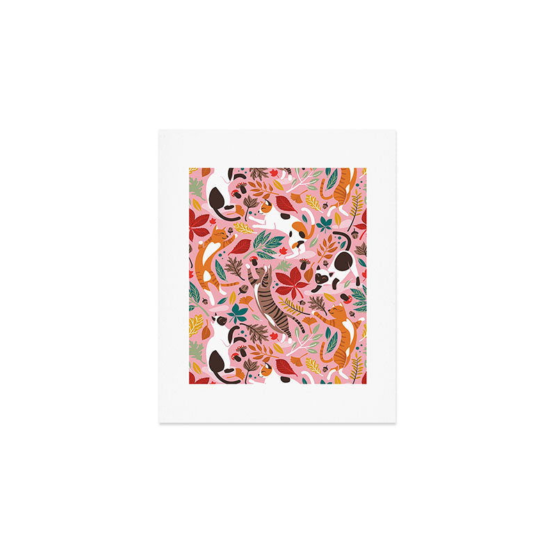 Autumn joy // light pink background cats dancing with many leaves in fall colors Art Print Gallery Image 1