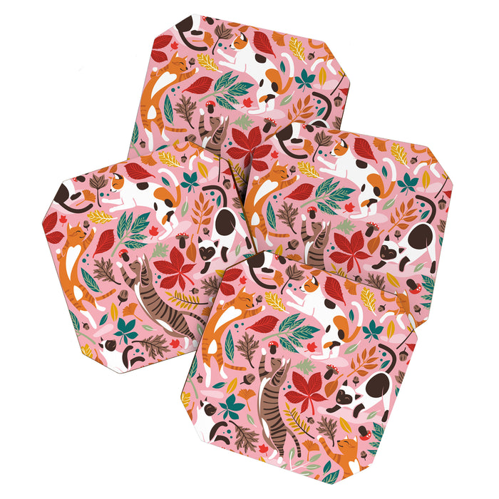Autumn joy // light pink background cats dancing with many leaves in fall colors Coaster Gallery Image 1