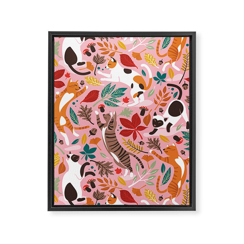 Autumn joy // light pink background cats dancing with many leaves in fall colors Framed Canvas Print Gallery Image 6