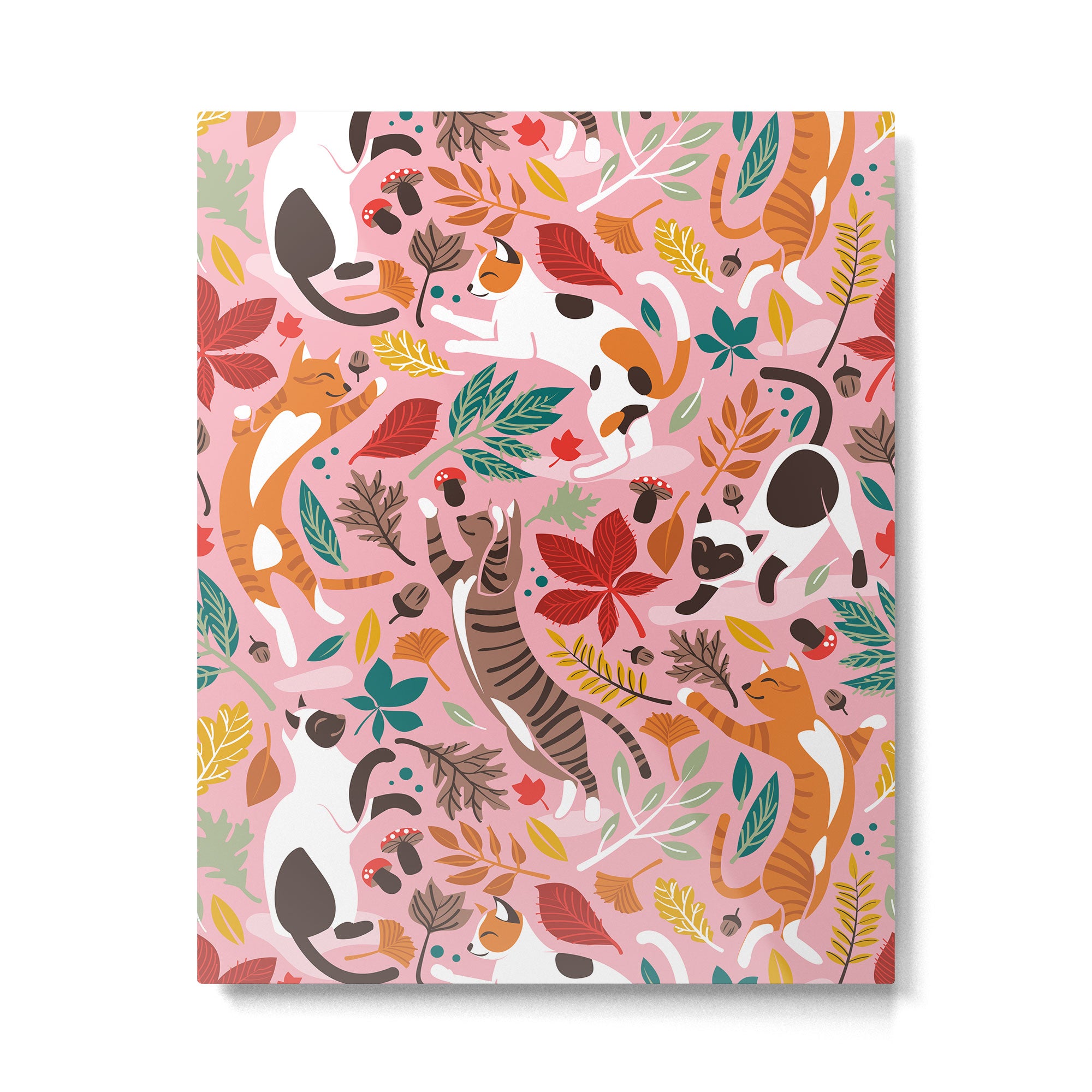 Autumn joy // light pink background cats dancing with many leaves in fall colors Metal Print Gallery Image 4