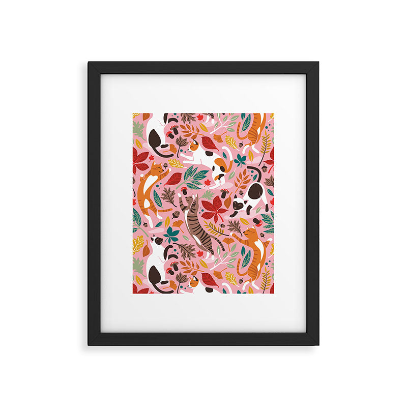 Autumn joy // light pink background cats dancing with many leaves in fall colors Framed Art Print Gallery Image 5