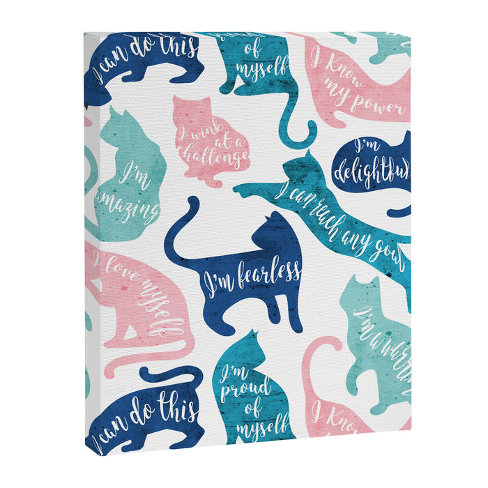 Be like a cat // white background pastel pink blue aqua and teal cat silhouettes with affirmations Canvas Print Gallery Image 1