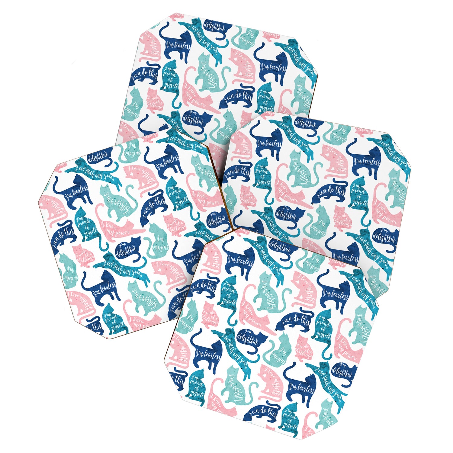 Be like a cat // white background pastel pink blue aqua and teal cat silhouettes with affirmations Coaster Gallery Image 1