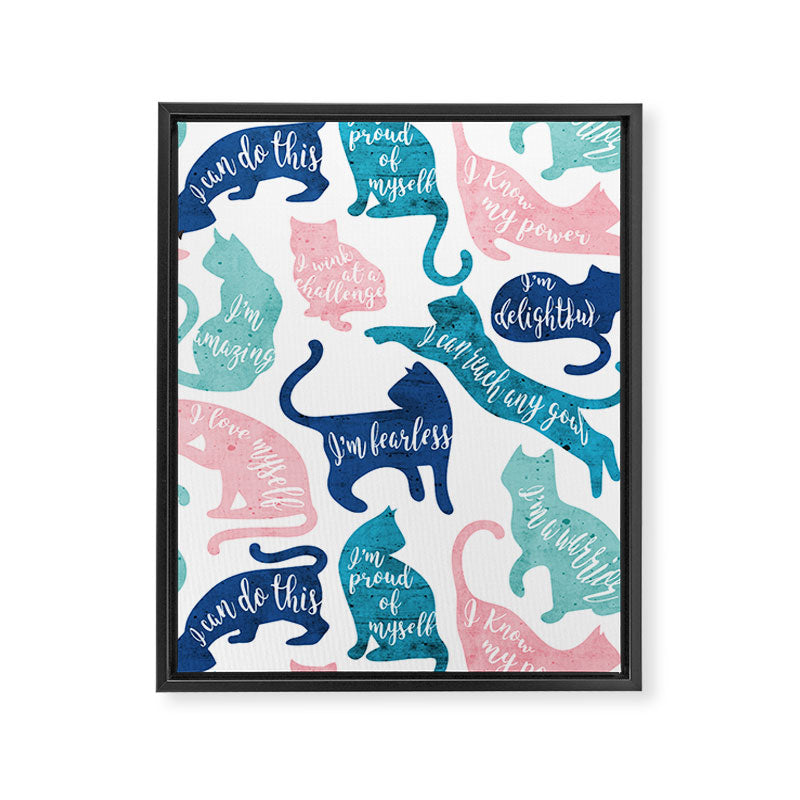 Be like a cat // white background pastel pink blue aqua and teal cat silhouettes with affirmations Framed Canvas Print Gallery Image 8