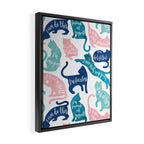 Be like a cat // white background pastel pink blue aqua and teal cat silhouettes with affirmations Framed Canvas Print Gallery Image 2