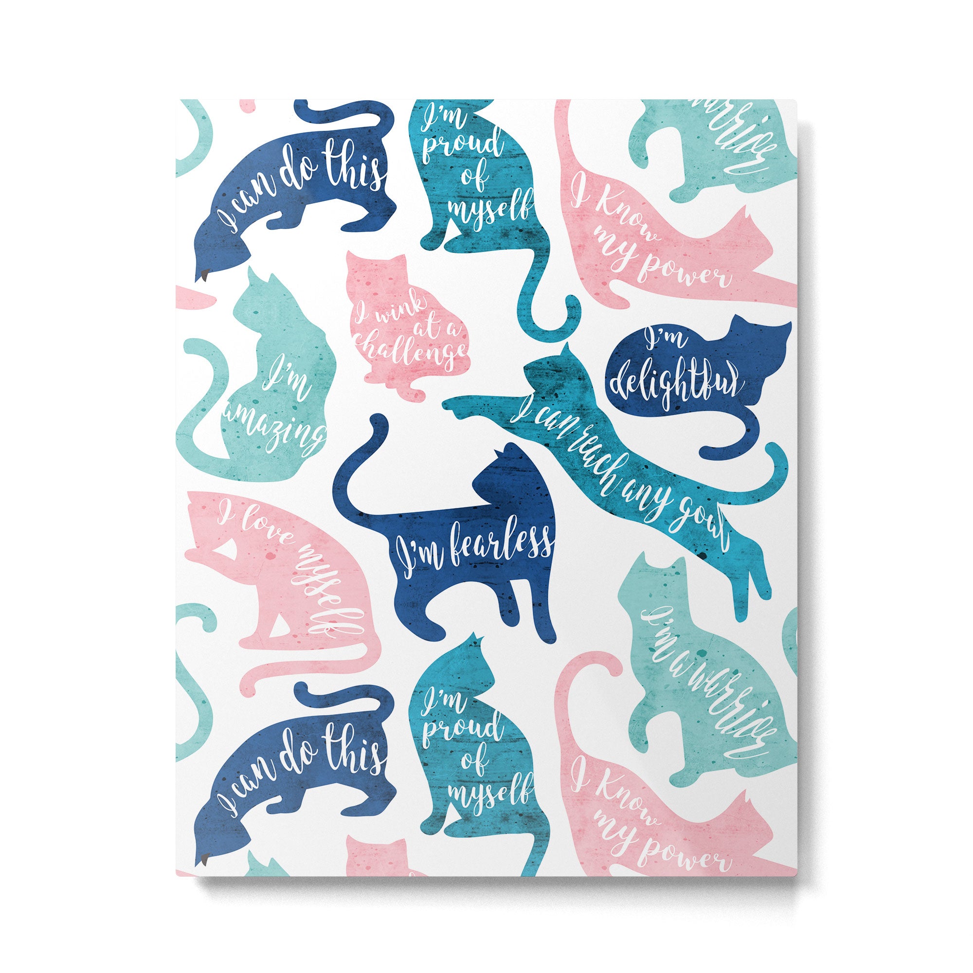Be like a cat // white background pastel pink blue aqua and teal cat silhouettes with affirmations Metal Print Gallery Image 6