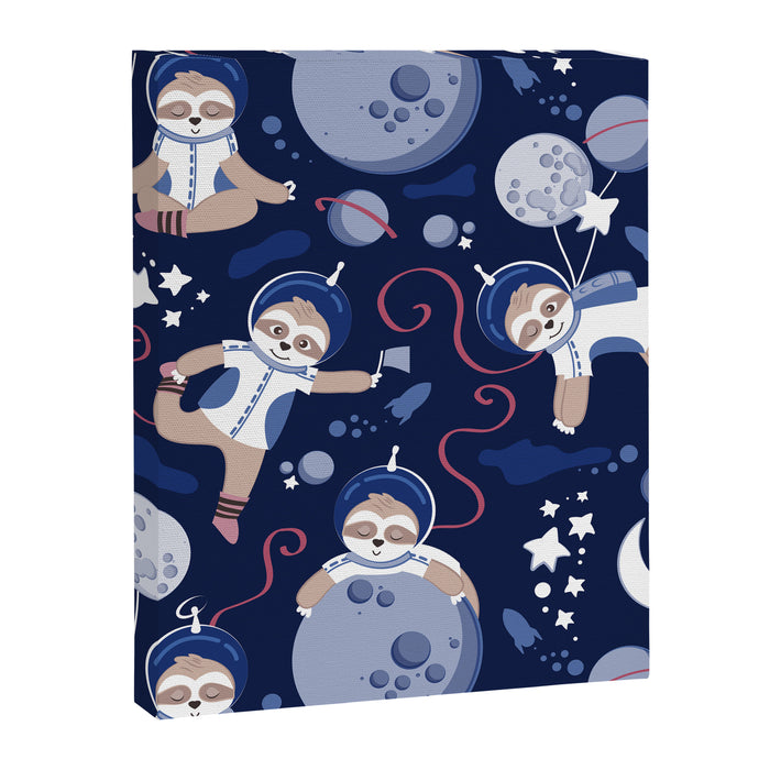 Best Space To Be // navy blue background indigo moons and cute astronauts sloths Canvas Print Gallery Image 1