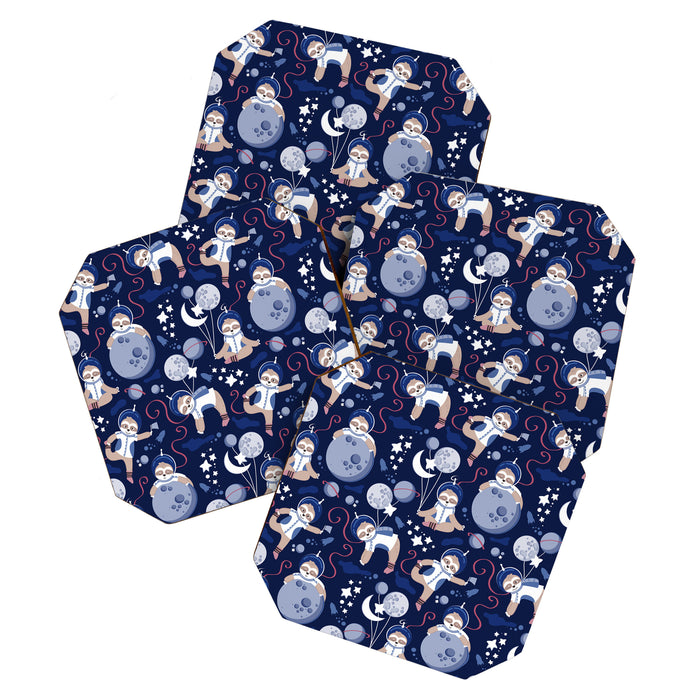 Best Space To Be // navy blue background indigo moons and cute astronauts sloths Coaster Gallery Image 1