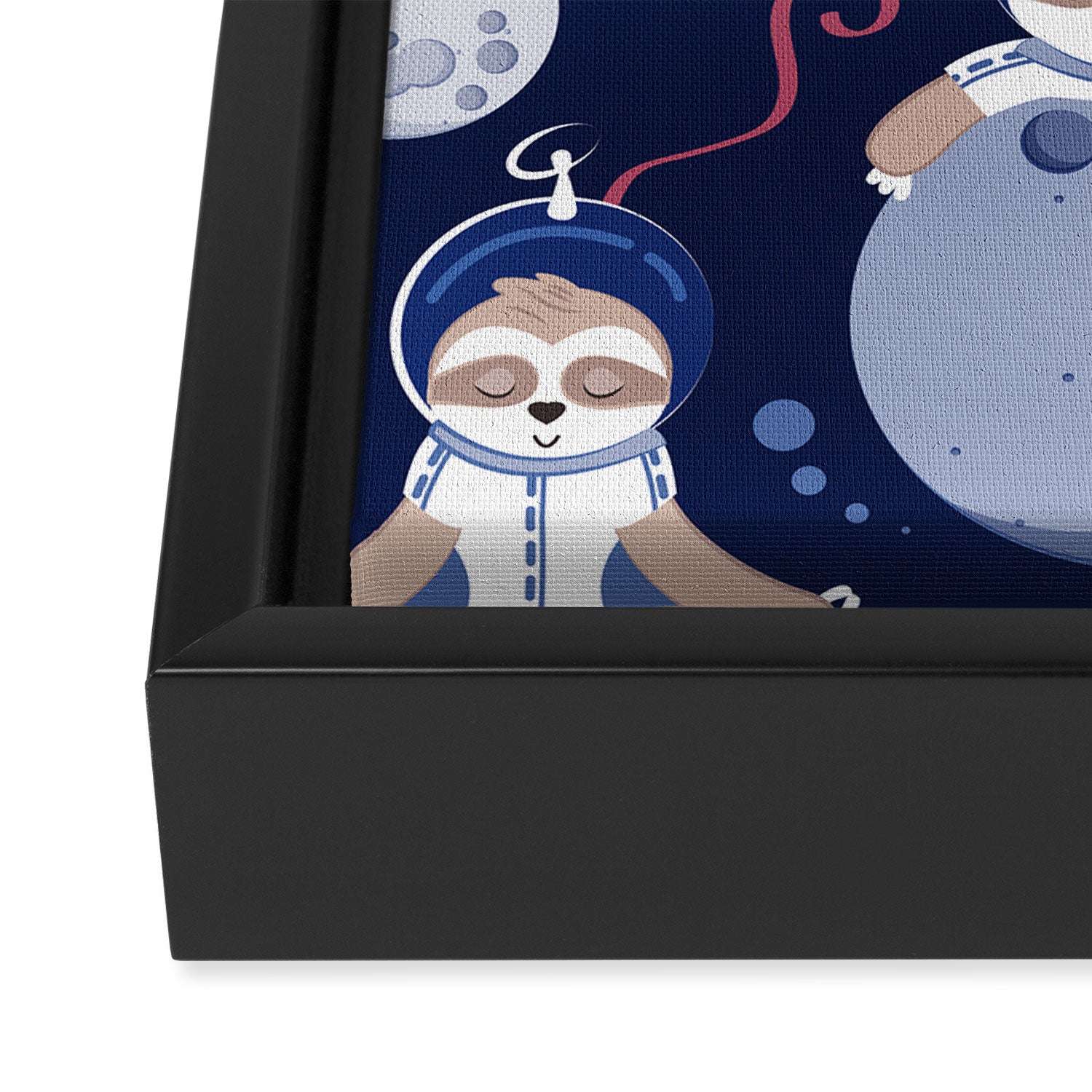 Best Space To Be // navy blue background indigo moons and cute astronauts sloths Framed Canvas Print Gallery Image 3