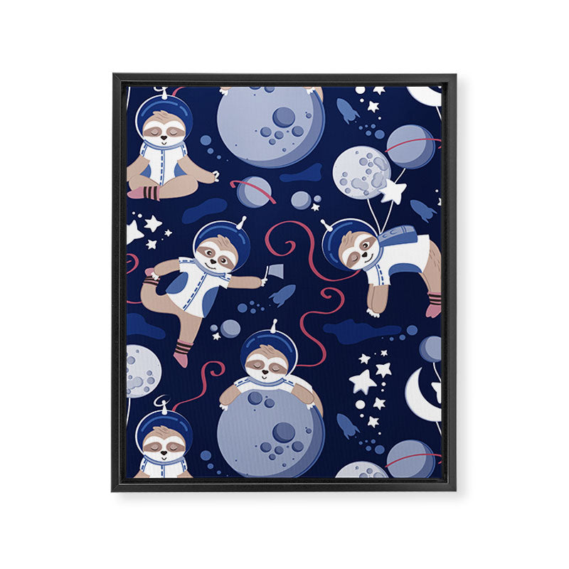 Best Space To Be // navy blue background indigo moons and cute astronauts sloths Framed Canvas Print Gallery Image 8