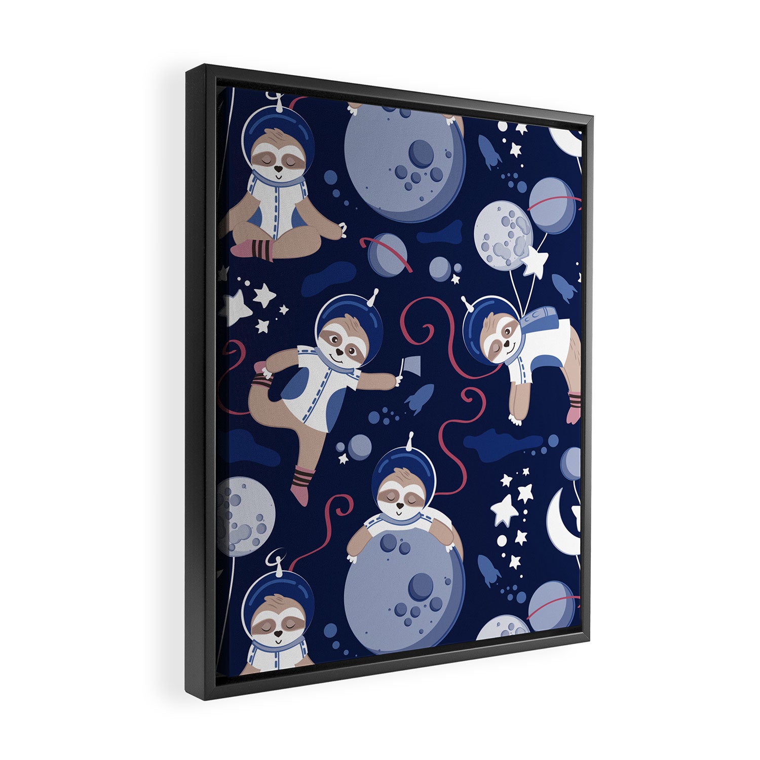 Best Space To Be // navy blue background indigo moons and cute astronauts sloths Framed Canvas Print Gallery Image 2