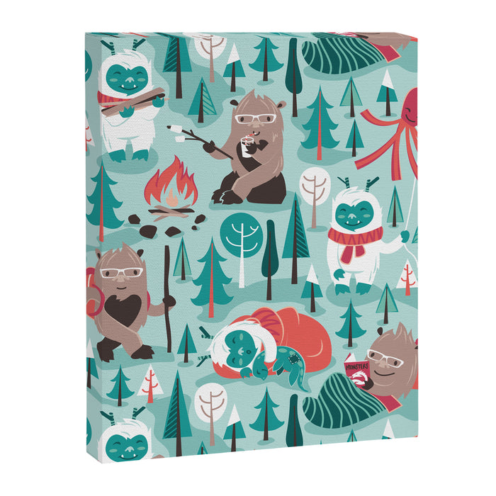 Besties // aqua background white Yeti brown Bigfoot teal and mint trees red and coral details Canvas Print Gallery Image 1