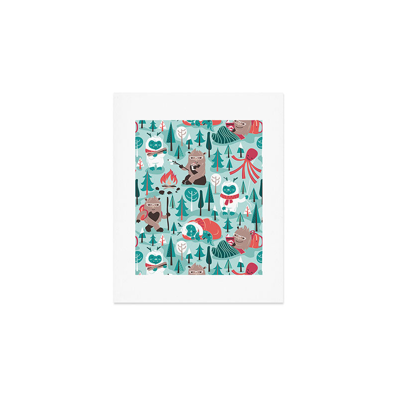 Besties // aqua background white Yeti brown Bigfoot teal and mint trees red and coral details Art Print Gallery Image 1