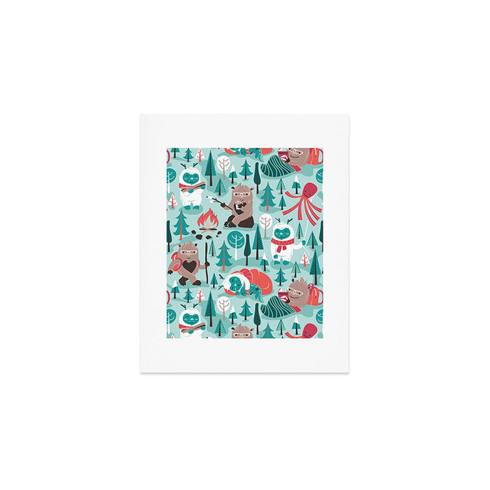 Besties // aqua background white Yeti brown Bigfoot teal and mint trees red and coral details Art Print Gallery Image 1