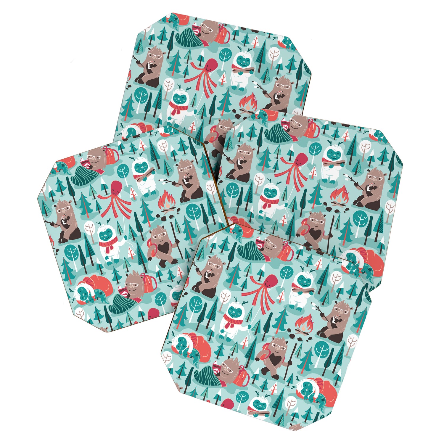 Besties // aqua background white Yeti brown Bigfoot teal and mint trees red and coral details Coaster Gallery Image 1