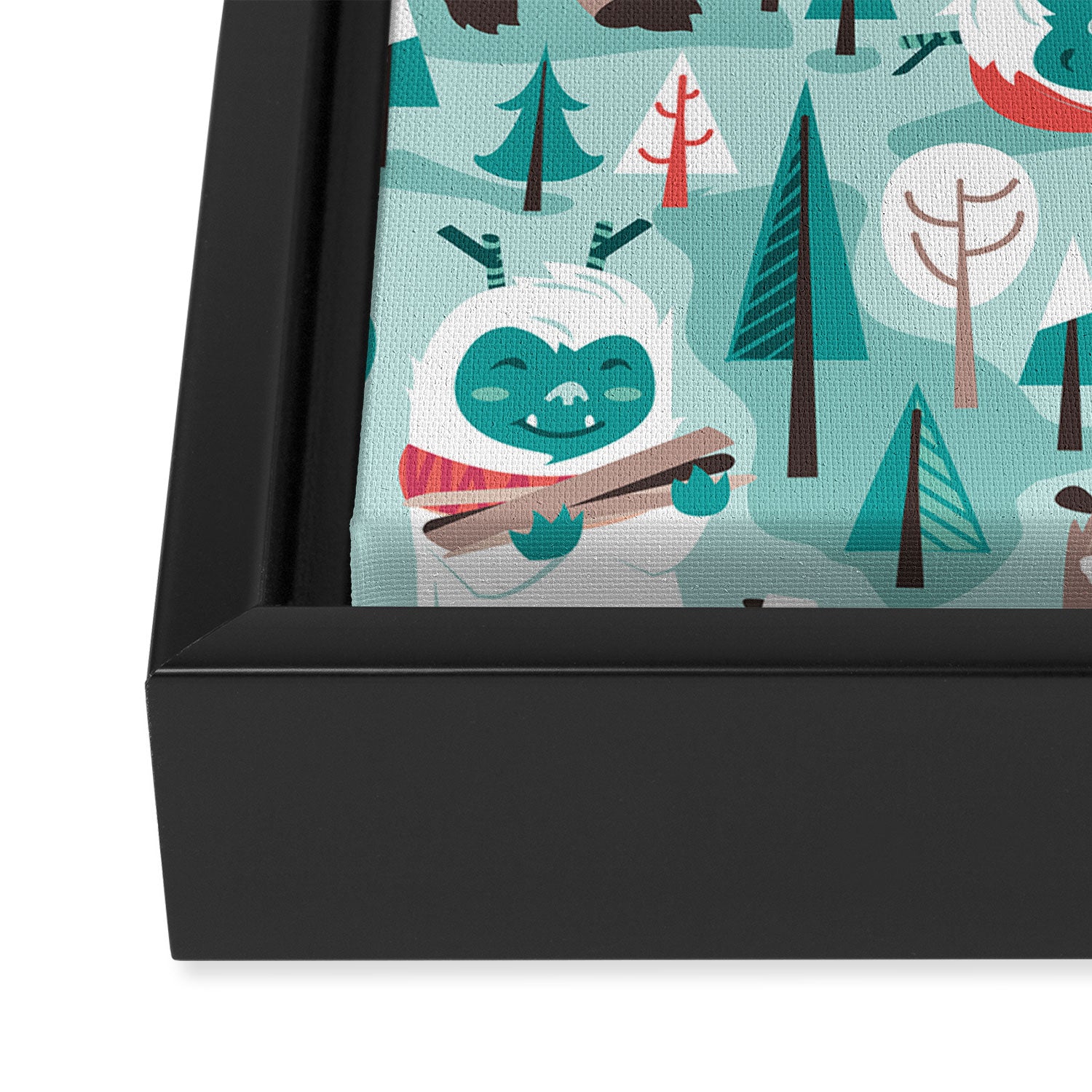 Besties // aqua background white Yeti brown Bigfoot teal and mint trees red and coral details Framed Canvas Print Gallery Image 3