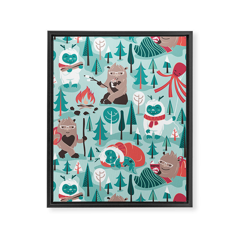 Besties // aqua background white Yeti brown Bigfoot teal and mint trees red and coral details Framed Canvas Print Gallery Image 6