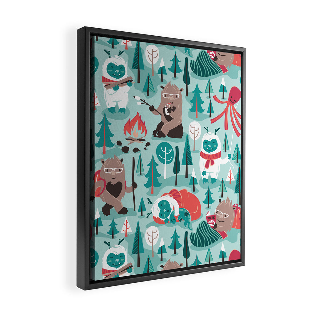 Besties // aqua background white Yeti brown Bigfoot teal and mint trees red and coral details Framed Canvas Print Gallery Image 2