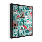 Besties // aqua background white Yeti brown Bigfoot teal and mint trees red and coral details Framed Canvas Print Gallery Image 2