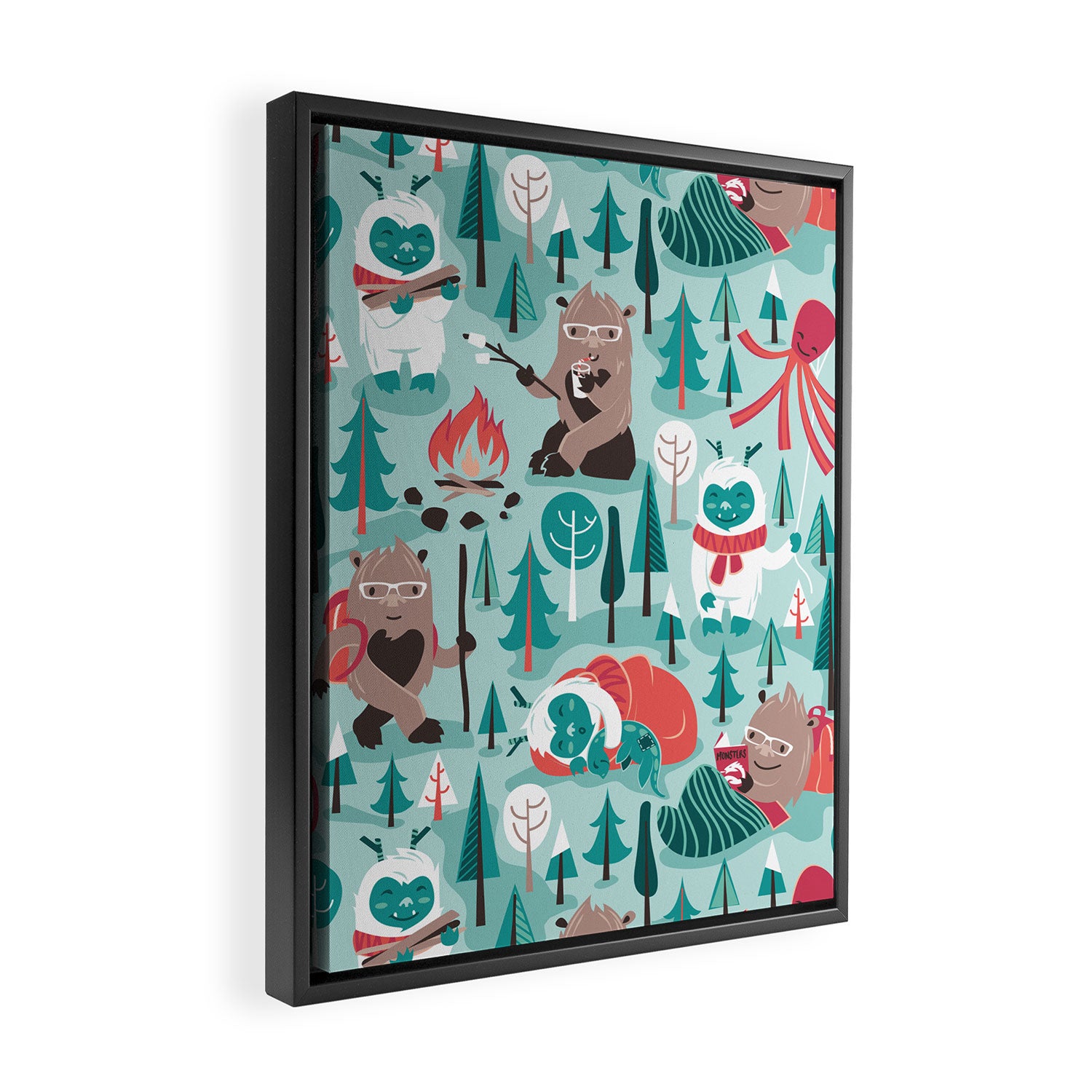 Besties // aqua background white Yeti brown Bigfoot teal and mint trees red and coral details Framed Canvas Print Gallery Image 2