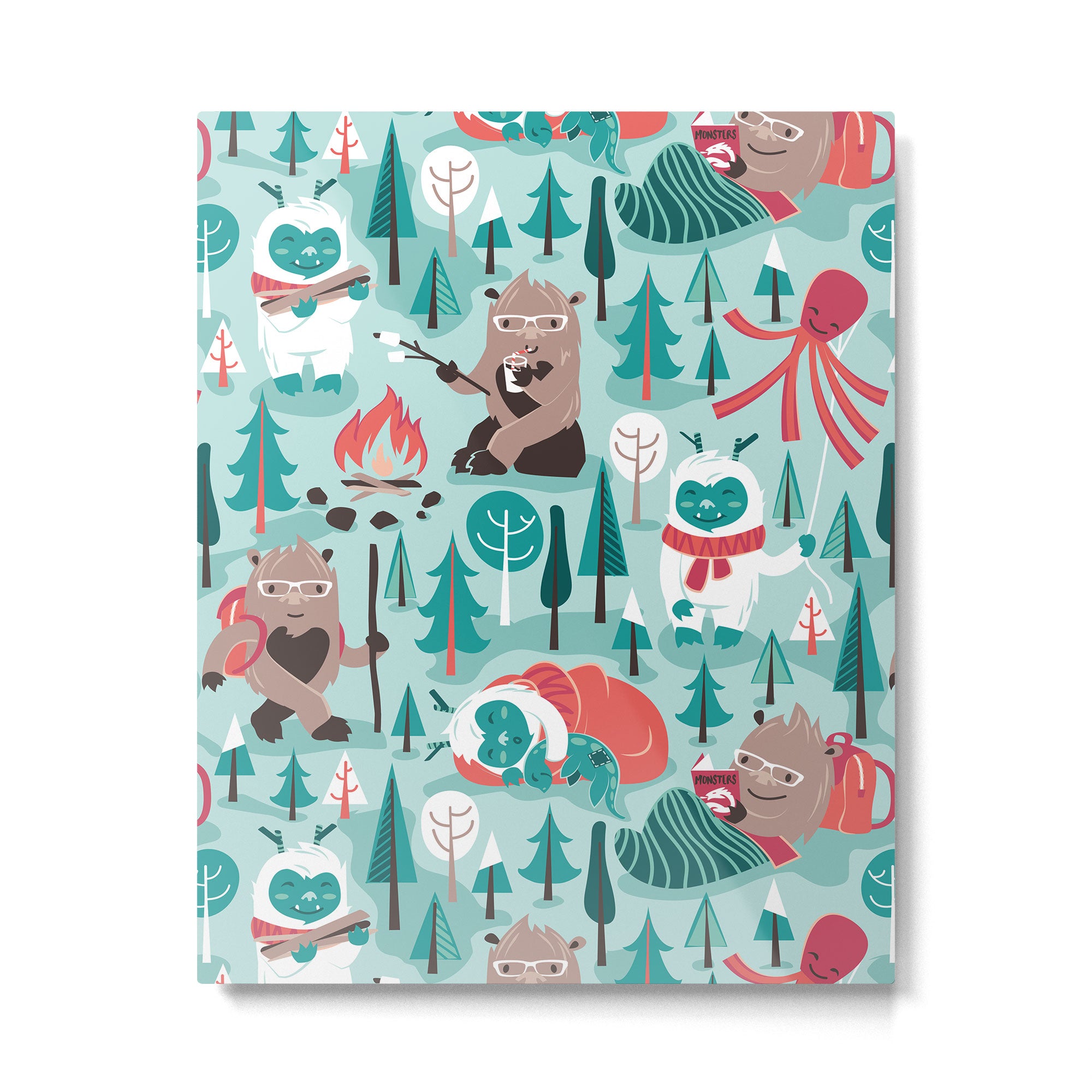 Besties // aqua background white Yeti brown Bigfoot teal and mint trees red and coral details Metal Print Gallery Image 4
